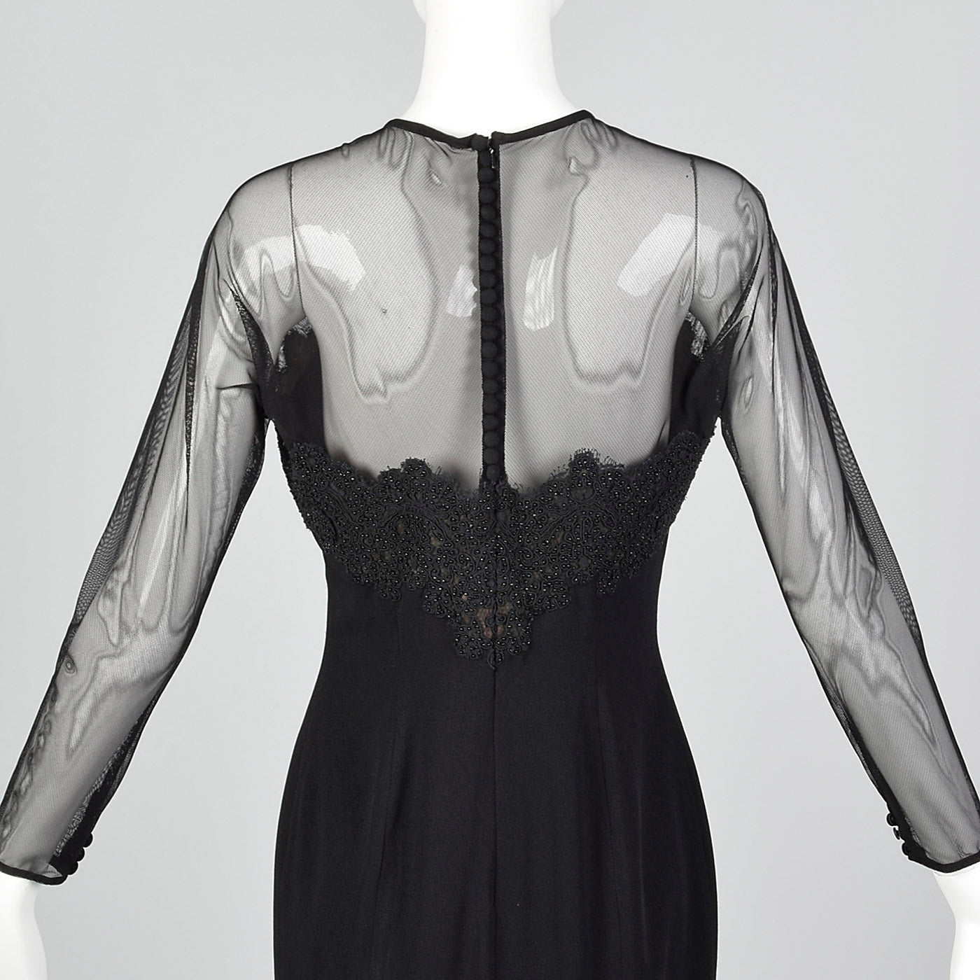 1990s Carmen Marc Valvo Black Dress with Illusion Neckline