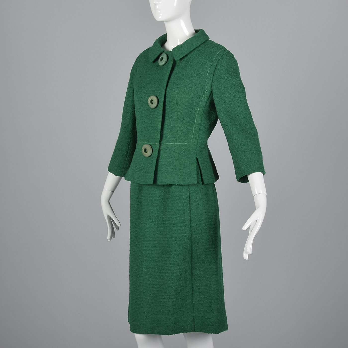 1960s Emerald Green Boucle Wool Skirt Suit