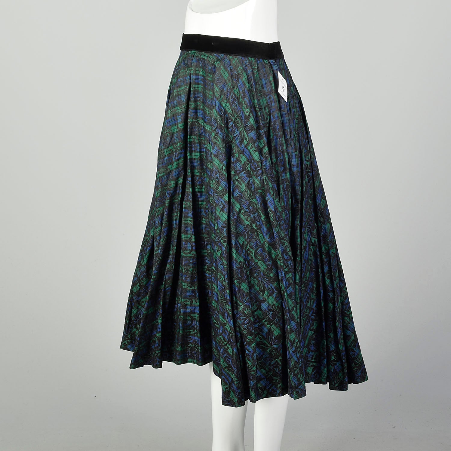 Large 1950s Full Circle Skirt Blue Flocked Plaid Taffeta