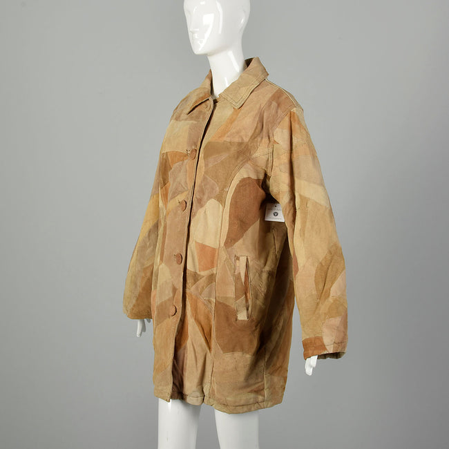 Large 1990s Patchwork Leather Coat with Faux Shearling