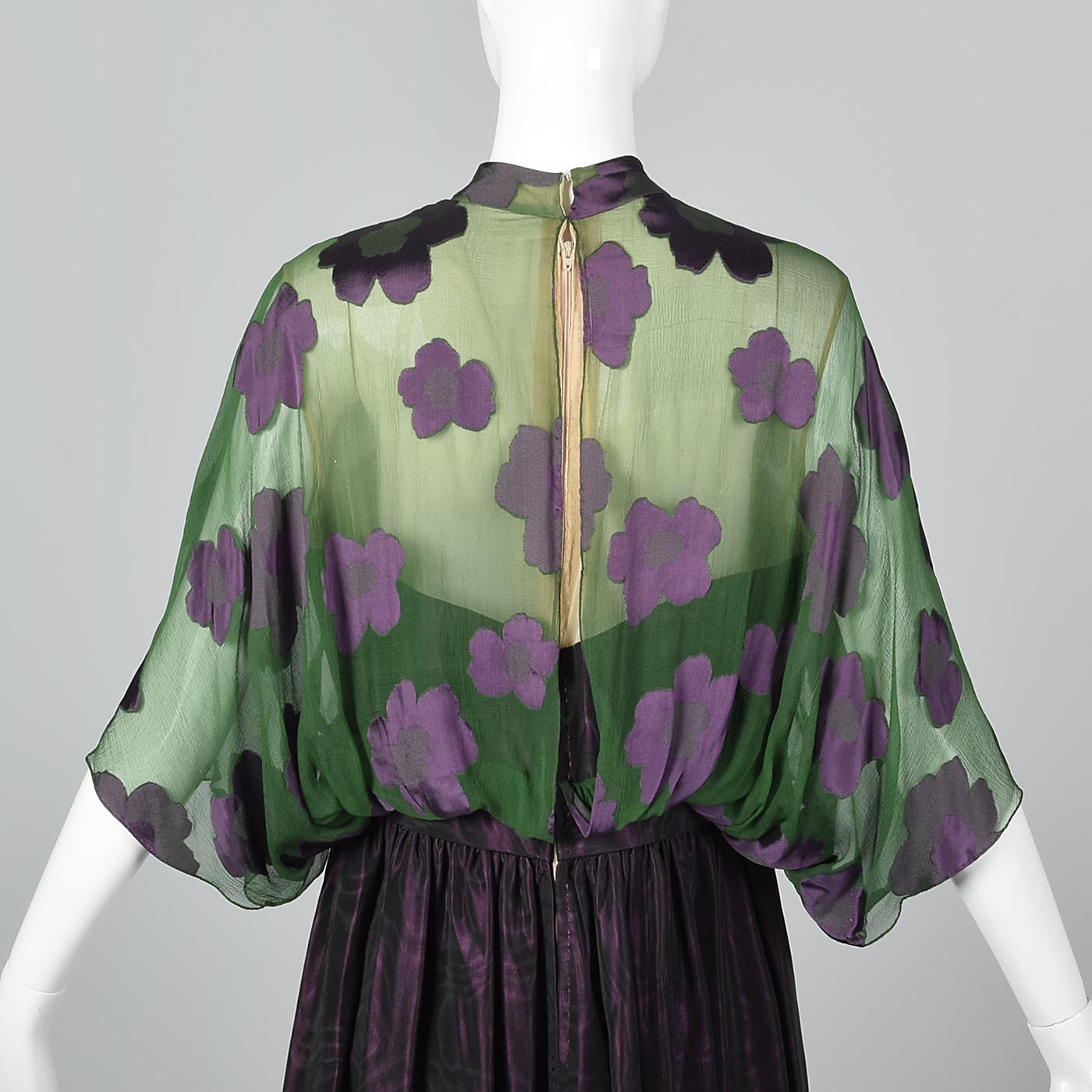 1970s Alfred Bosand Green Silk & Plum Purple Evening Gown