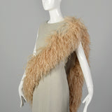Medium 1970s Gray Silk Column Dress with Feather Trim