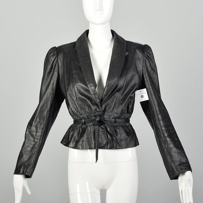 Medium 1980s Wilsons Black Leather Jacket Belted Outerwear