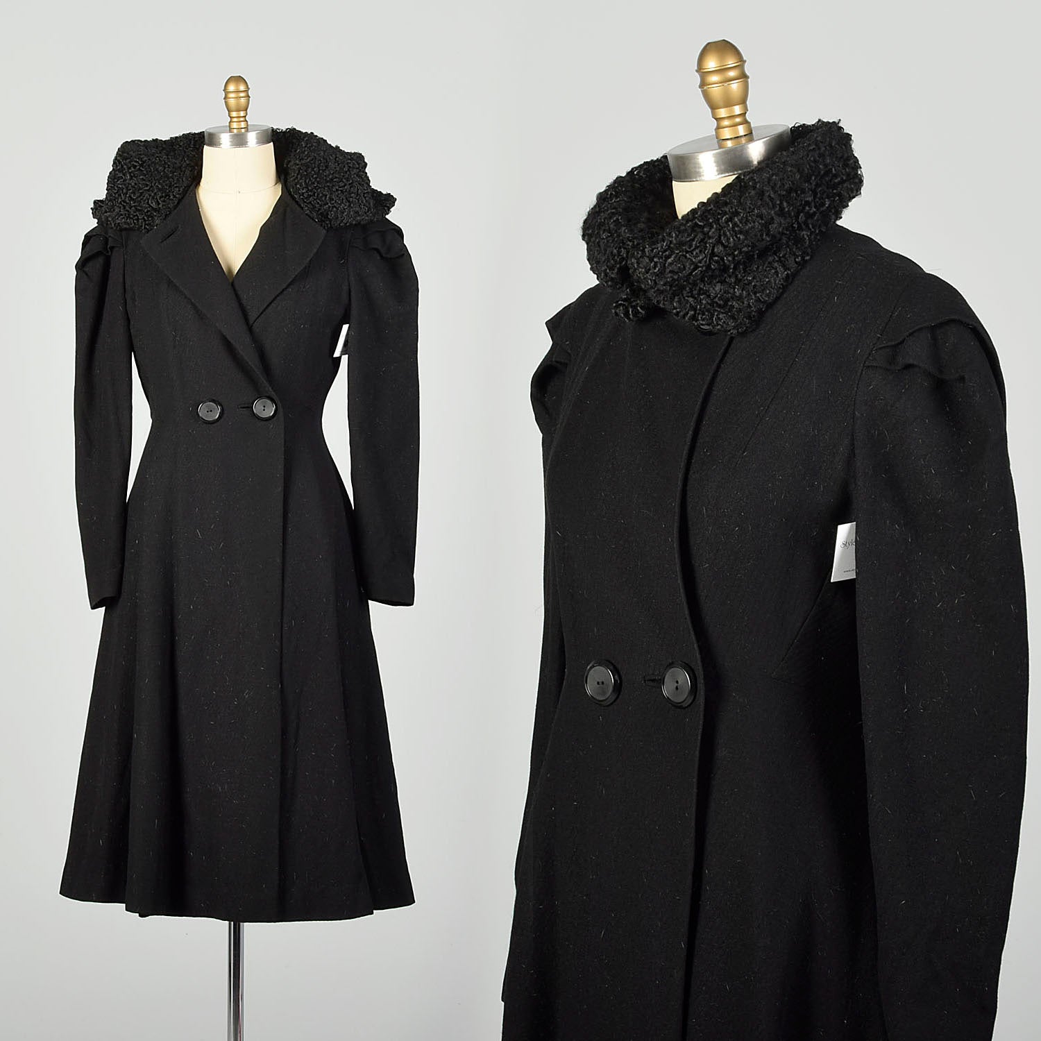 Small 1940s Princess Coat Persian Lamb Convertible Collar Black Wool