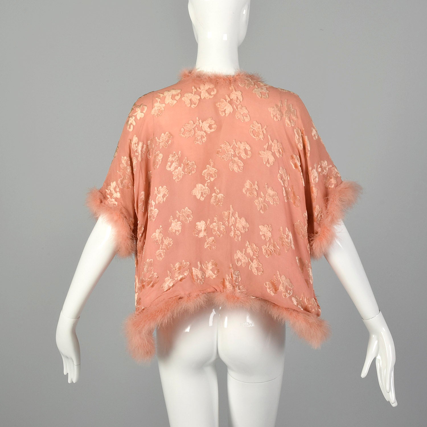 OSFM 1920s Pink Silk Devoré  Marabou Feather Trim Bed Jacket
