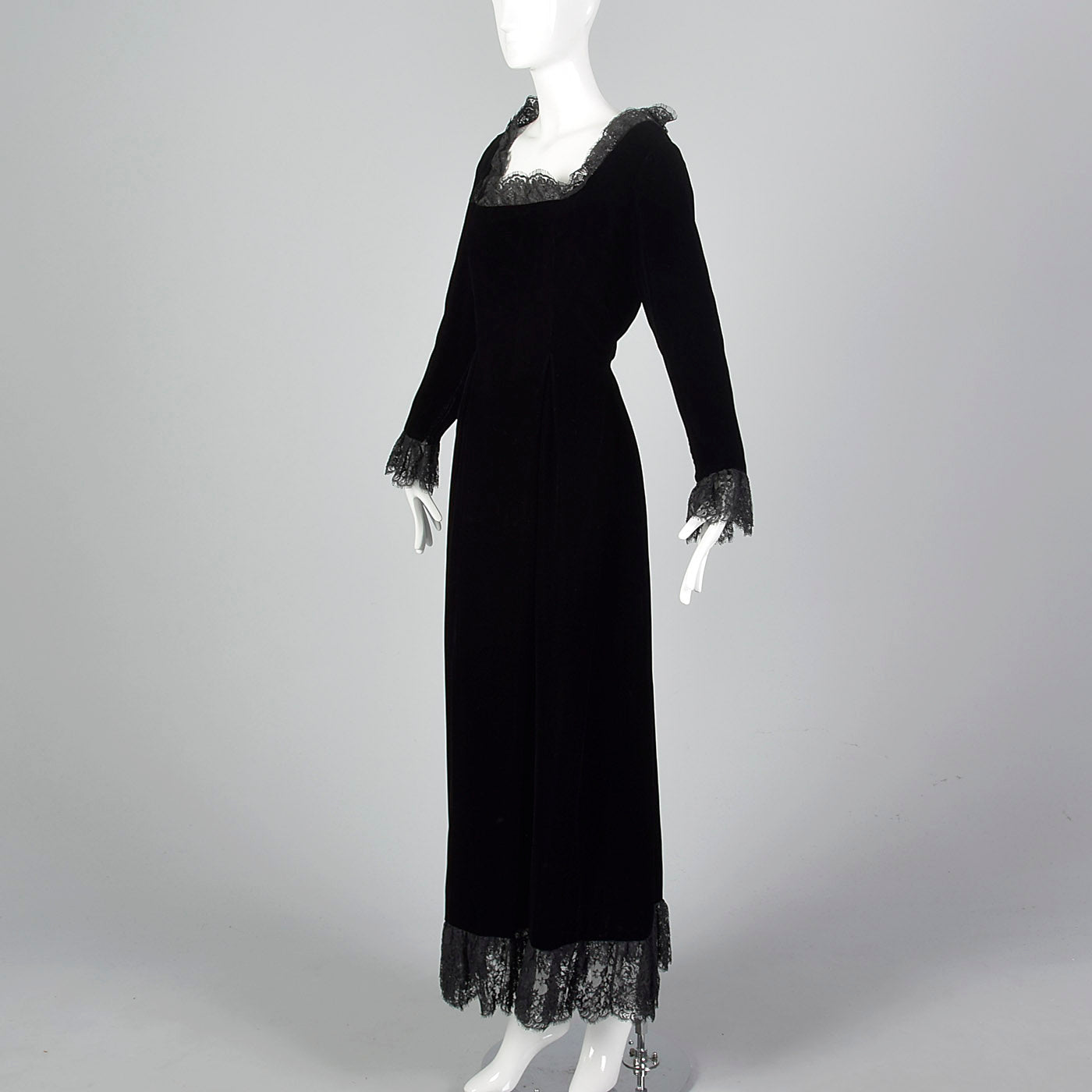1970s Richilene Black Velvet Evening Dress with Lace Trim