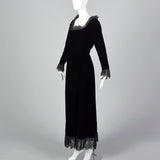 1970s Richilene Black Velvet Evening Dress with Lace Trim