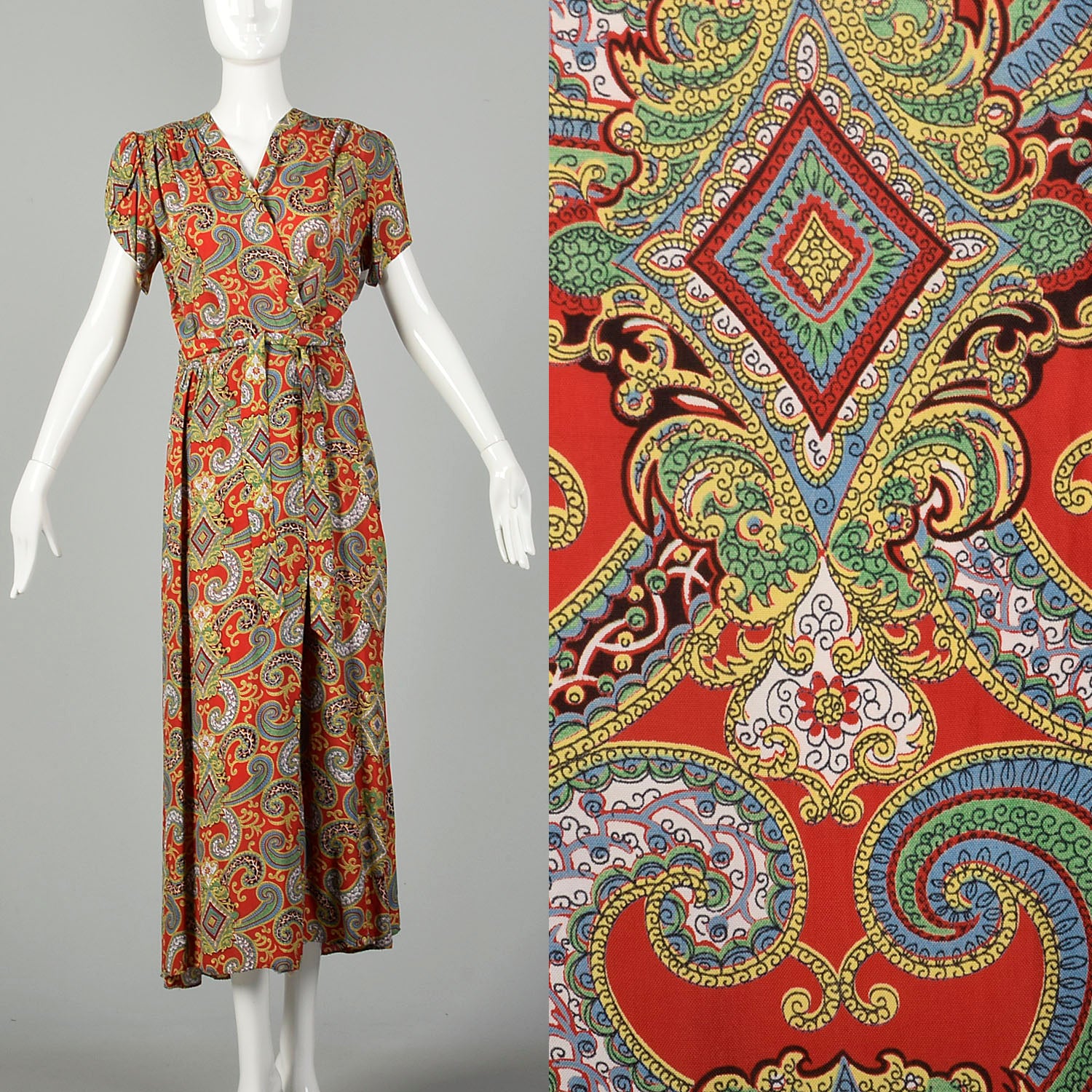 XS 1940s Dressing Gown Cold Rayon Robe Wrap Dress