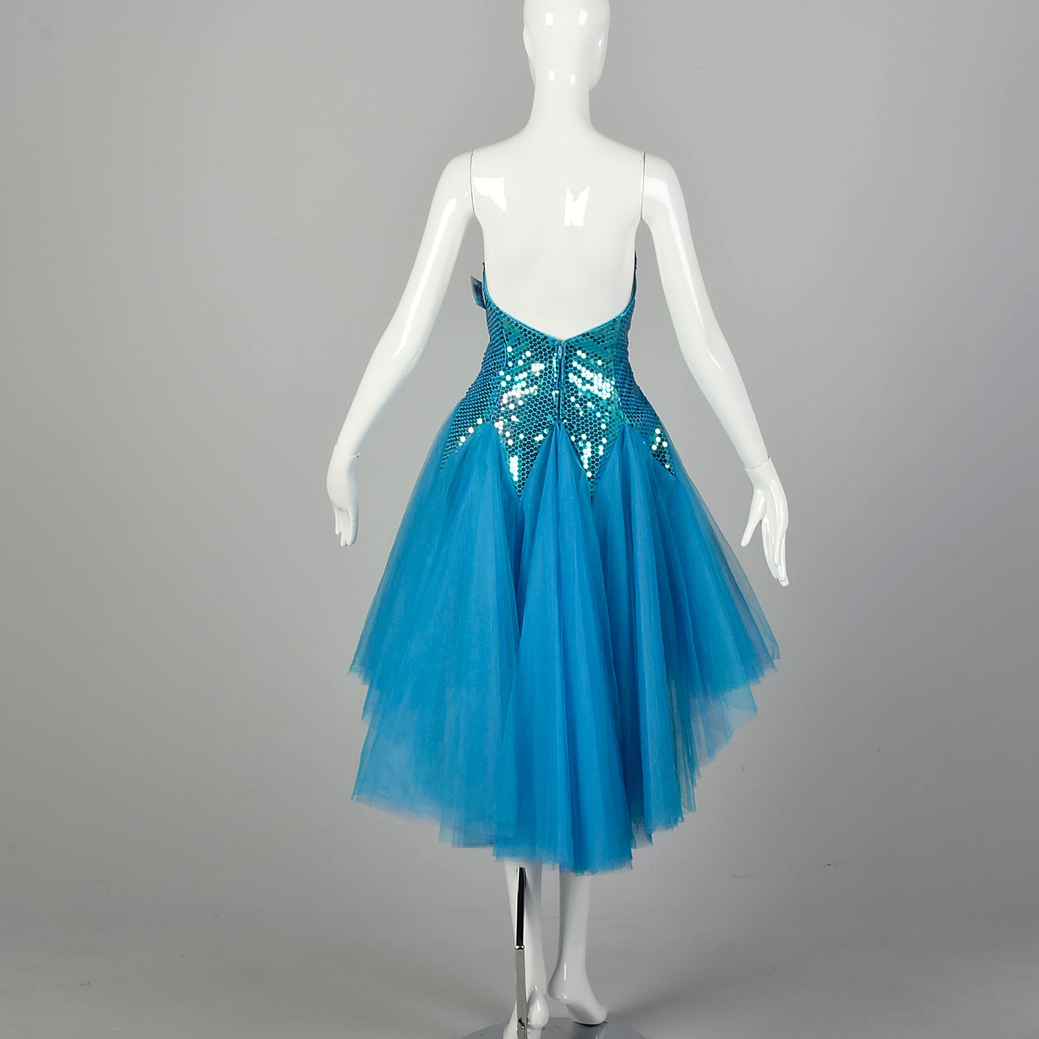 Medium 1980s Dress Strapless Tulle Sequin Teal Bustle Prom Gown Asymmetrical Hem