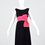 1960s Black Velvet Dress with Pink Cummerbund Waist