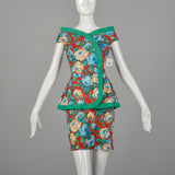Small 1980s Off Shoulder Floral Peplum Dress Green Trim