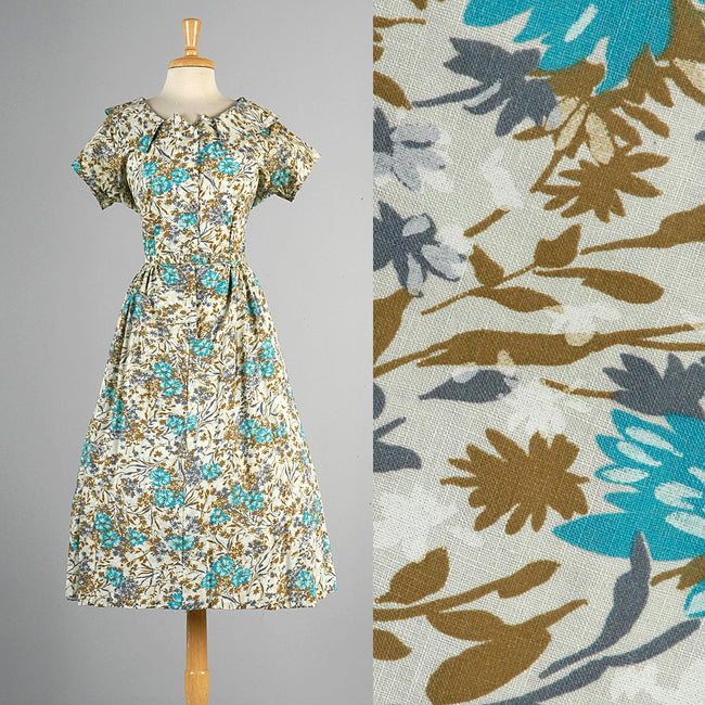 1950s Floral Print Day Dress with Elegant Neckline