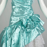 Small 1980s Strapless Sea Foam Aqua Asymmetric Lace Ruffle Prom Formal Evening Dress