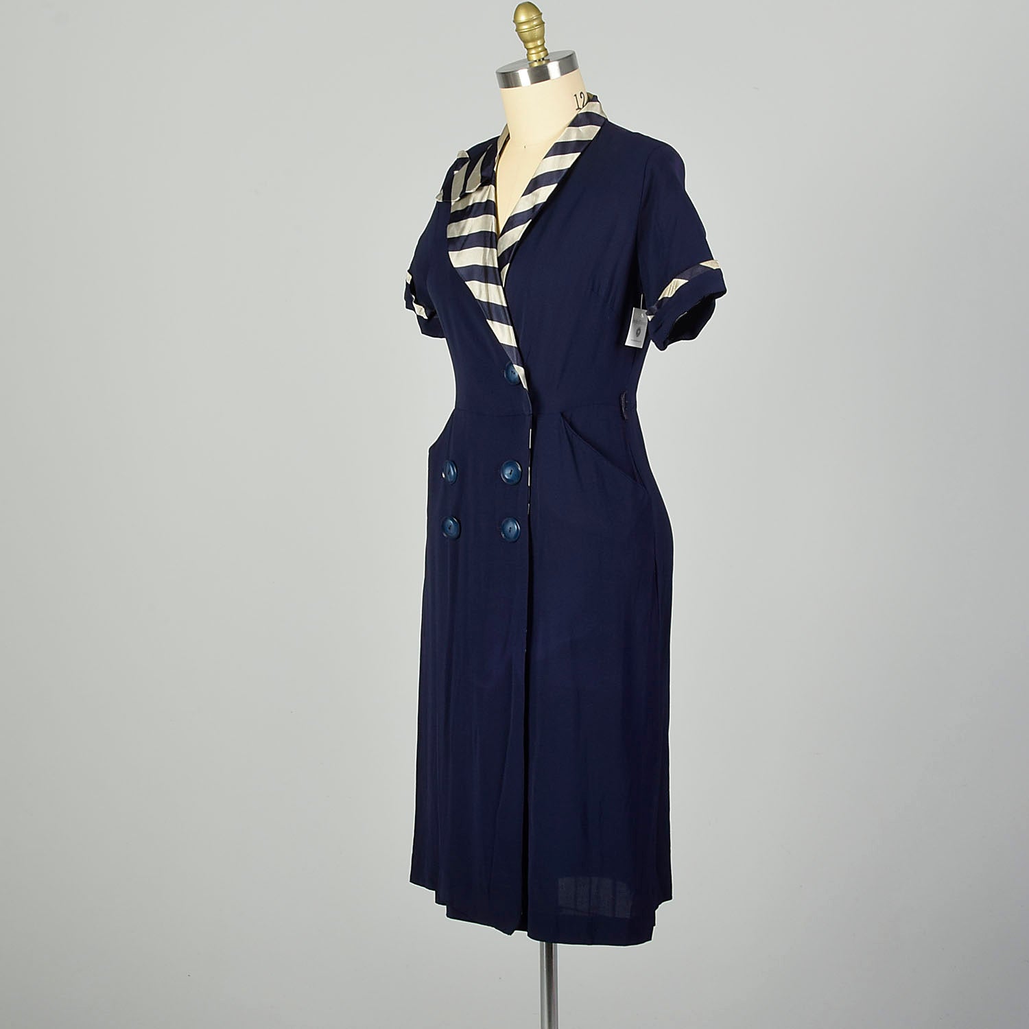 Large 1950s Asymmetric Dress Navy Striped Collar Day Dress Summer Casual