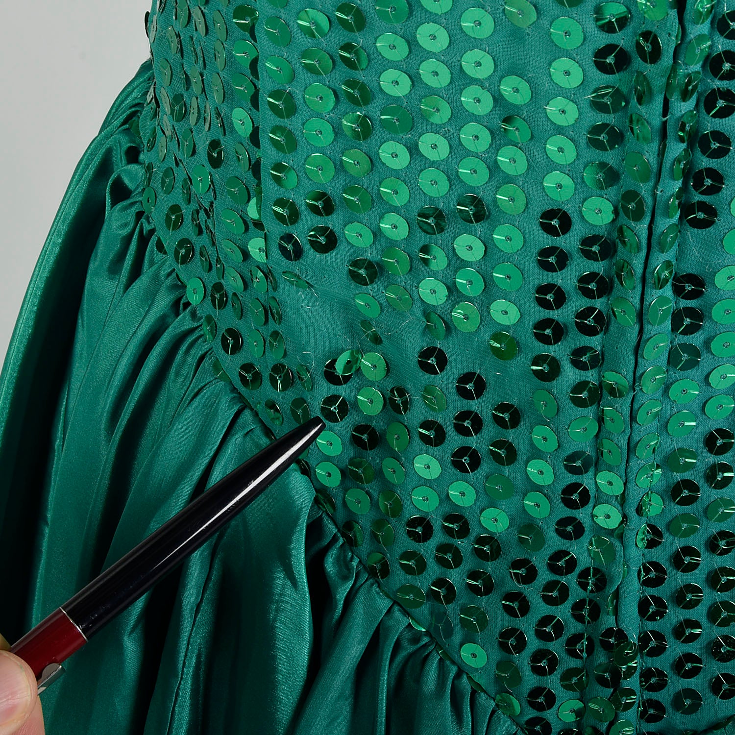 Medium 1980s Sequin Peplum Prom Dress Green Silver Hi-Low Hem Mini Pencil Skirt