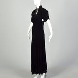 Small 1930s Dress Formal Black Silk Velvet Keyhole Neckline Evening Gown