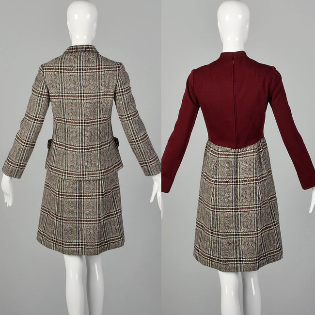Small 1960s George Halley Tweed Dress Set Knit Bodice Woven Skirt Jacket Autumn Long Sleeve Outfit