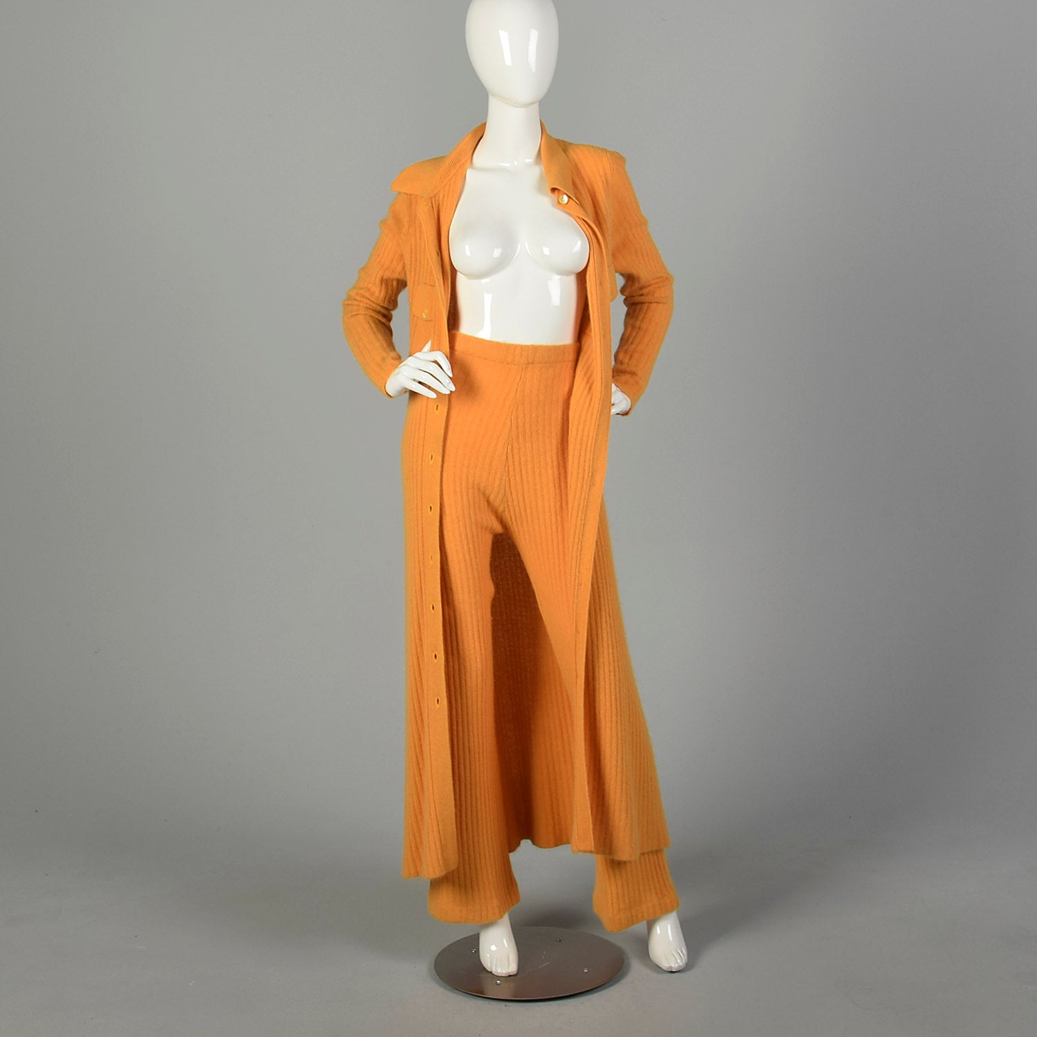 Medium 1970s 2pc Set Cozy Ribbed Knit Pants Angora Sweater Dress Autumn