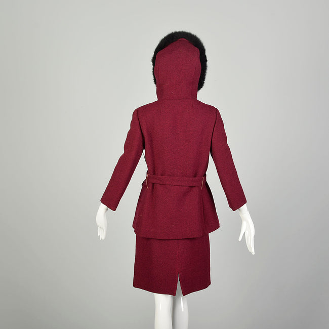 Small 1970s Raspberry Pencil Skirt Winter Coat Tweed Winter Ensemble