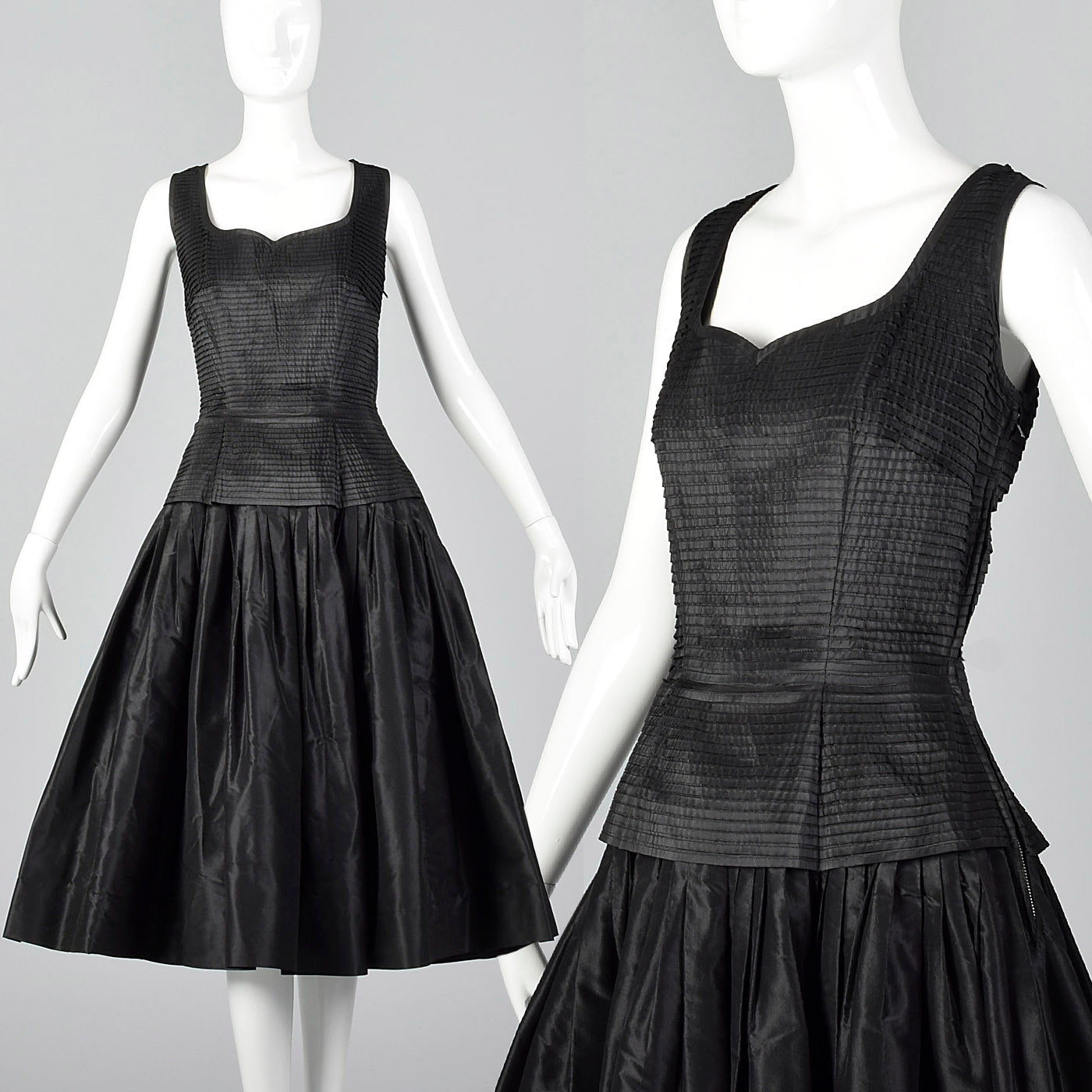 1950s Mollie Parnis Black Dress with Pleated Bodice