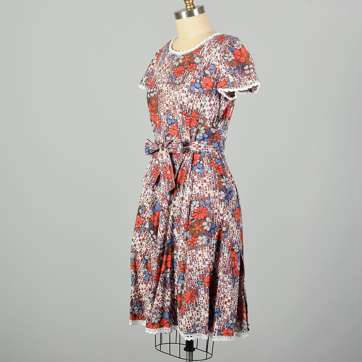 Small-Large 1960s Orange and Blue Floral and Geometric Wrap Dress