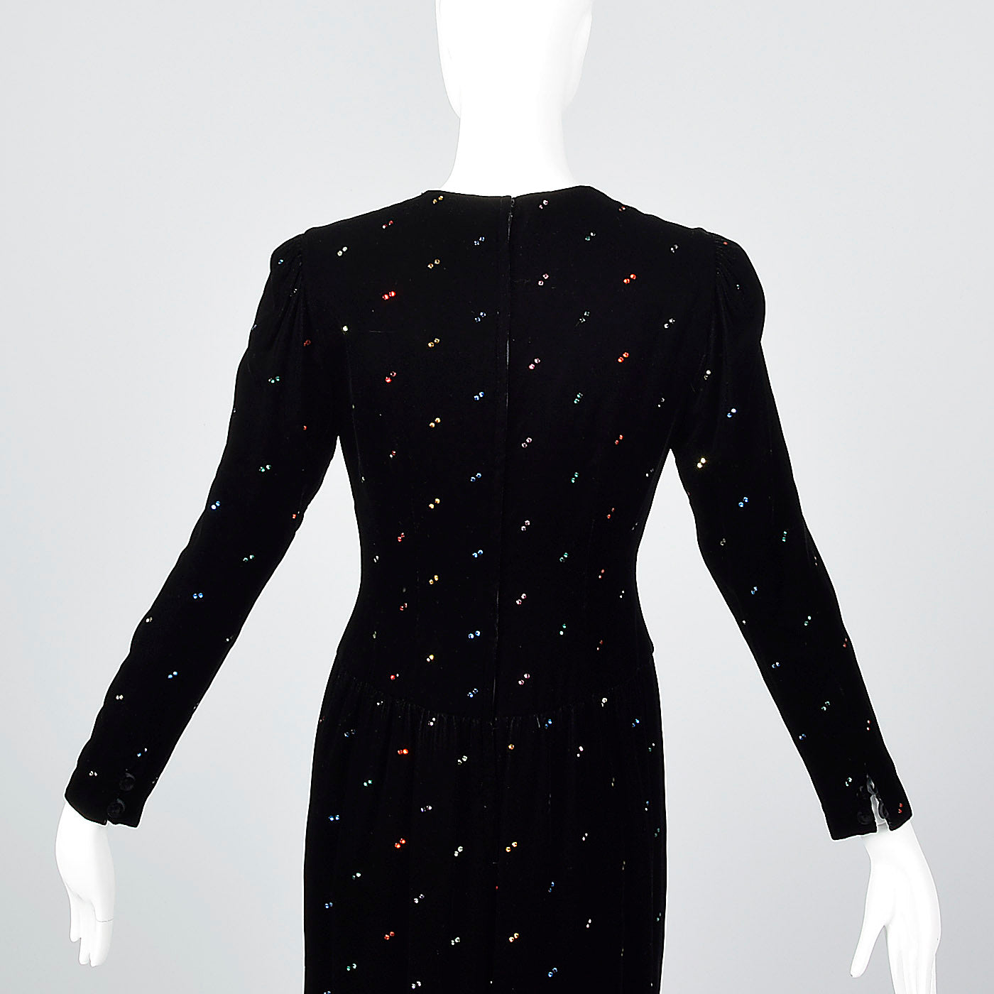 1980s Oscar de la Renta Black Velvet Dress with Rainbow Rhinestones
