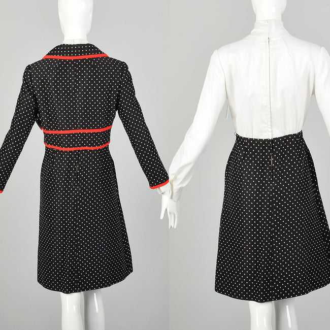 Medium 1970s Dress Jacket Ensemble Pussy Bow Red Black Ivory Knit Set