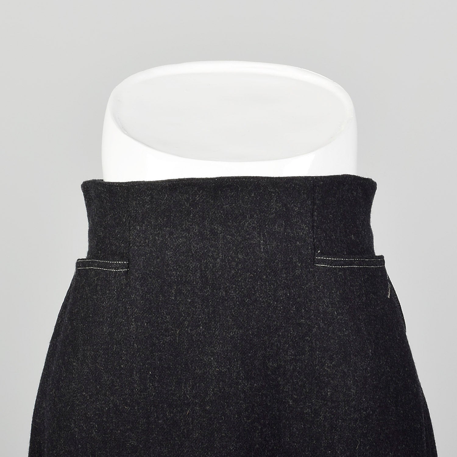 Small 1960s Mod Gray Wool Midi Skirt High Waist A Line Topstitch with Pockets