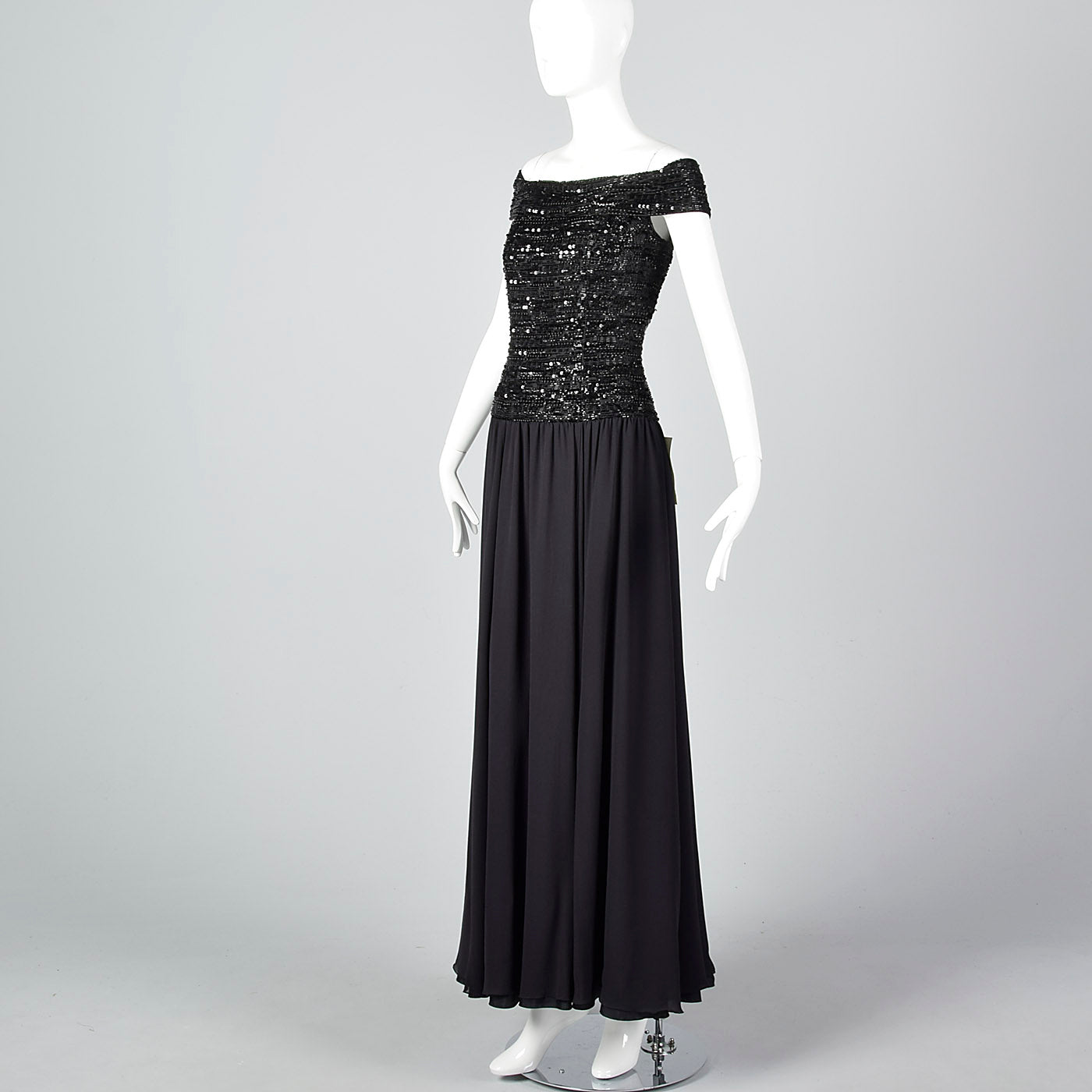Off Shoulder Oleg Cassini Black Tie Formal Gown with Beaded Bodice and Full Skirt