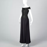 Off Shoulder Oleg Cassini Black Tie Formal Gown with Beaded Bodice and Full Skirt