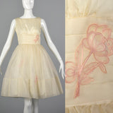 1950s Organza Wedding Dress with Pink Applique