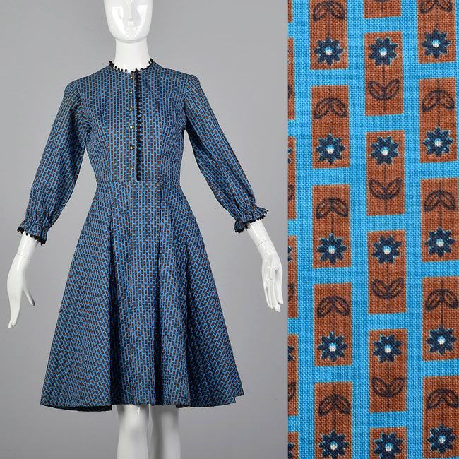 1950s Quilted Blue Cotton Dress