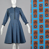 1950s Quilted Blue Cotton Dress