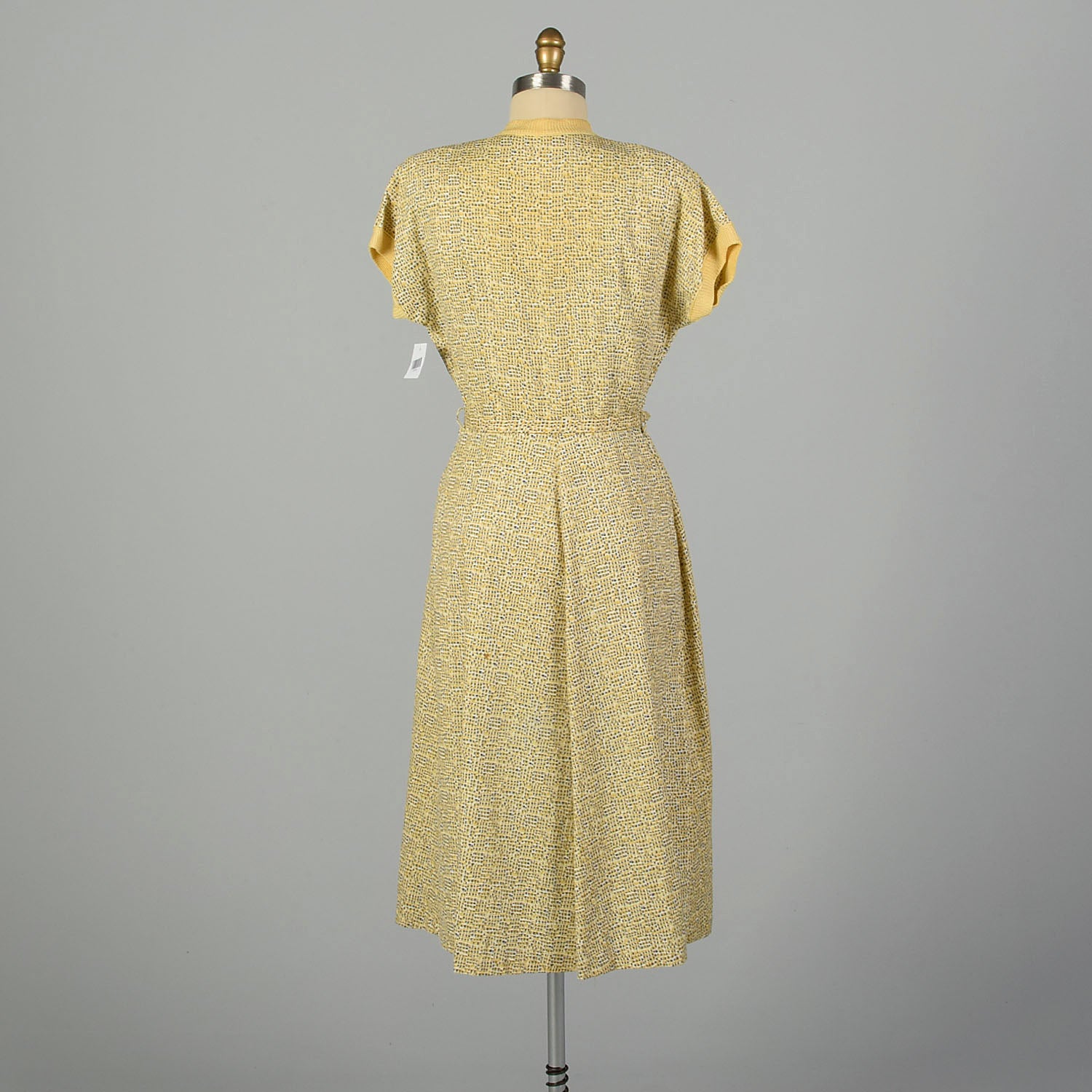 Large 1950s Yellow and Gray Geometric Print Day Dress with Belt