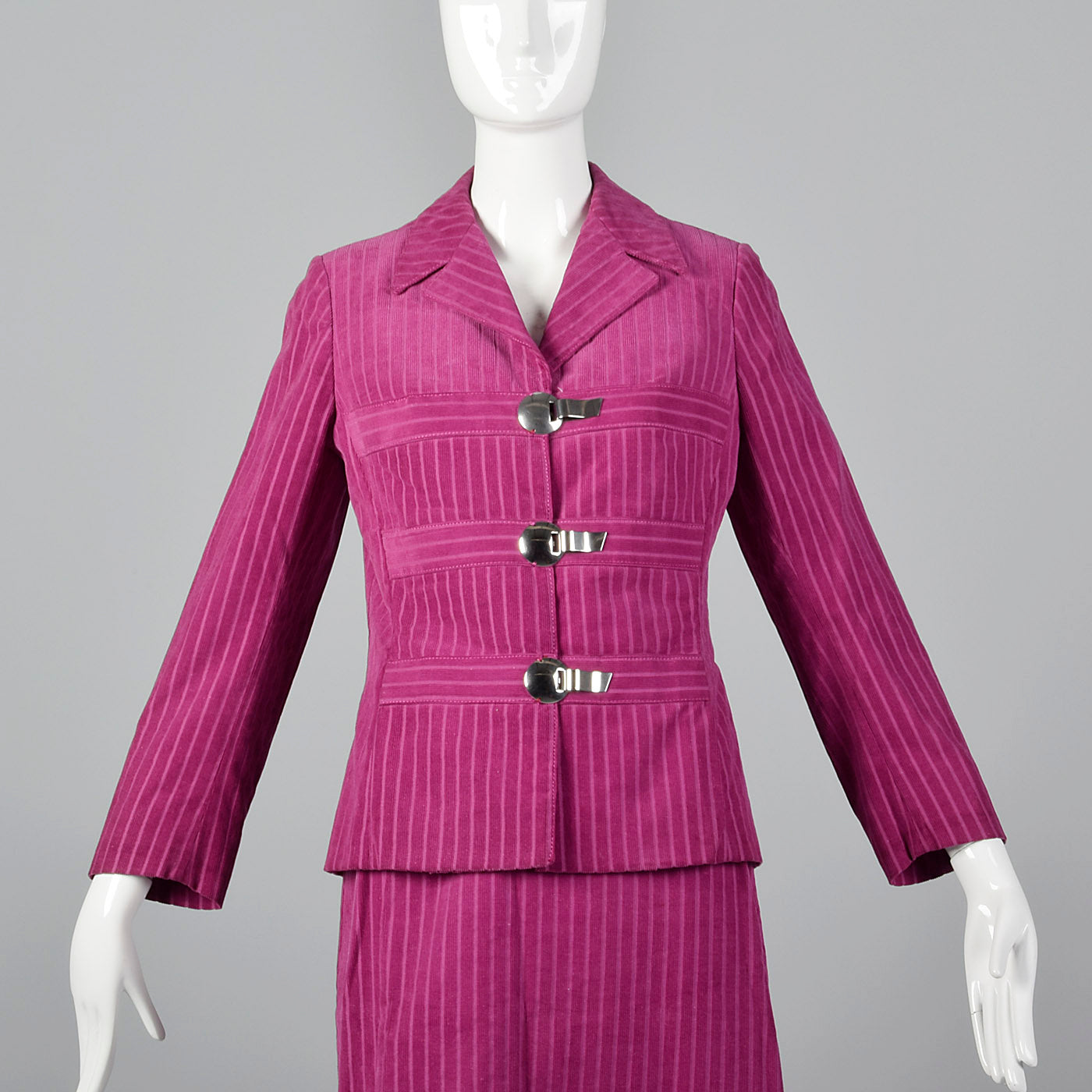 1960s Pink Corduroy Skirt Suit with Mod Silver Clasp Closures