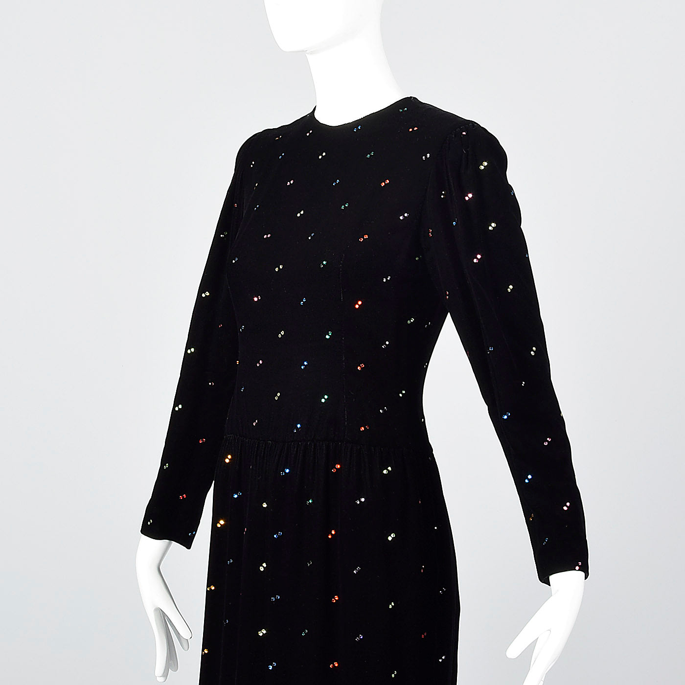 1980s Oscar de la Renta Black Velvet Dress with Rainbow Rhinestones