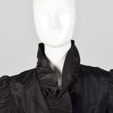 XS 1980s Black Taffeta Wrap Coat Lightweight with Ruffle Trim