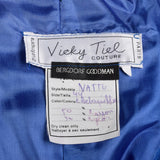 Large 1980s Dress Vicky Tiel Blue Mesh Gown Long Sheer Sleeves Ruched Bodice Sweetheart Neckline
