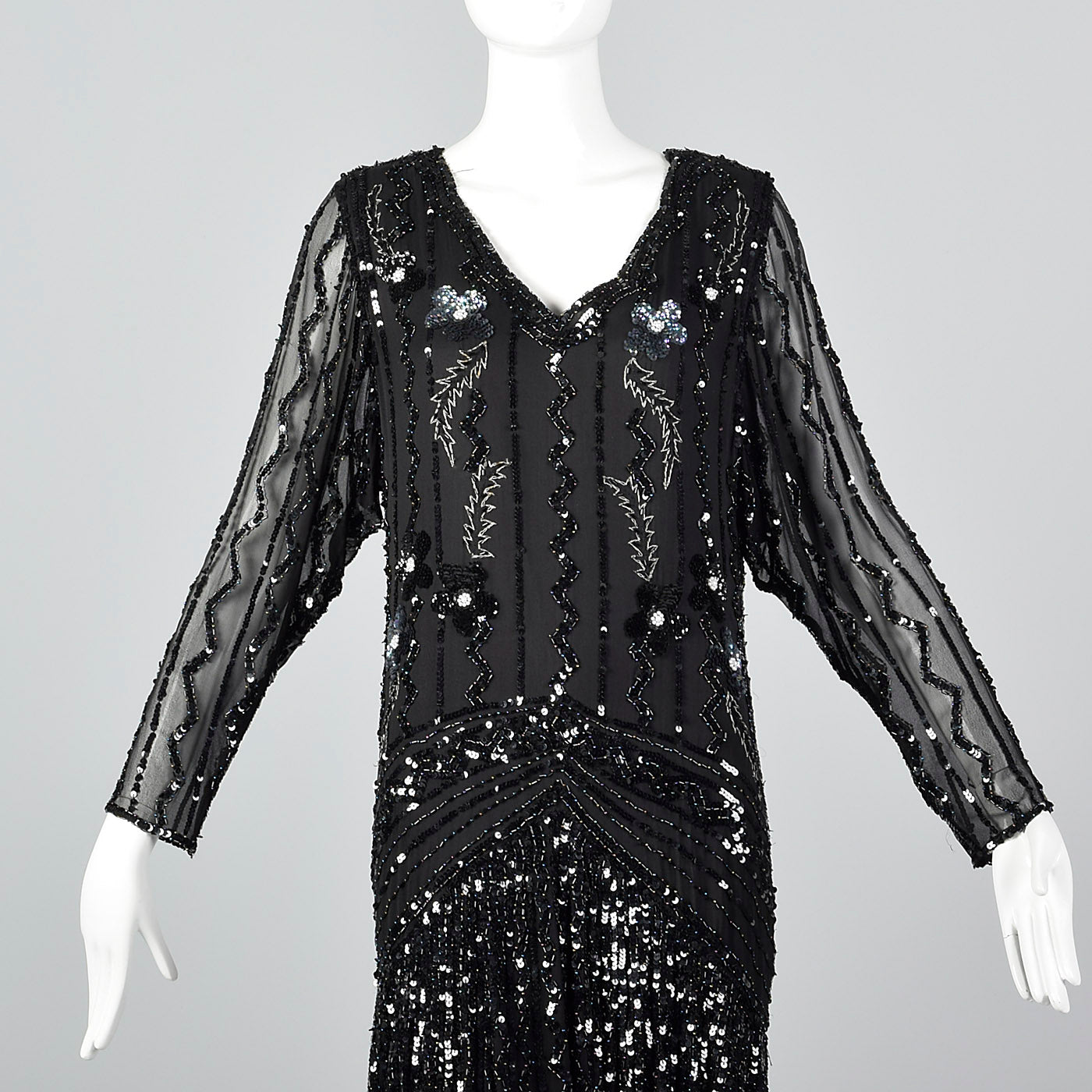 1990s Oleg Cassini Black Silk Beaded Dress
