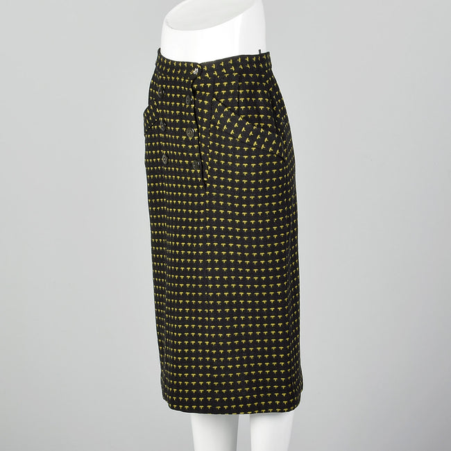 Small 1950s Charcoal and Yellow Patterned Pencil Skirt