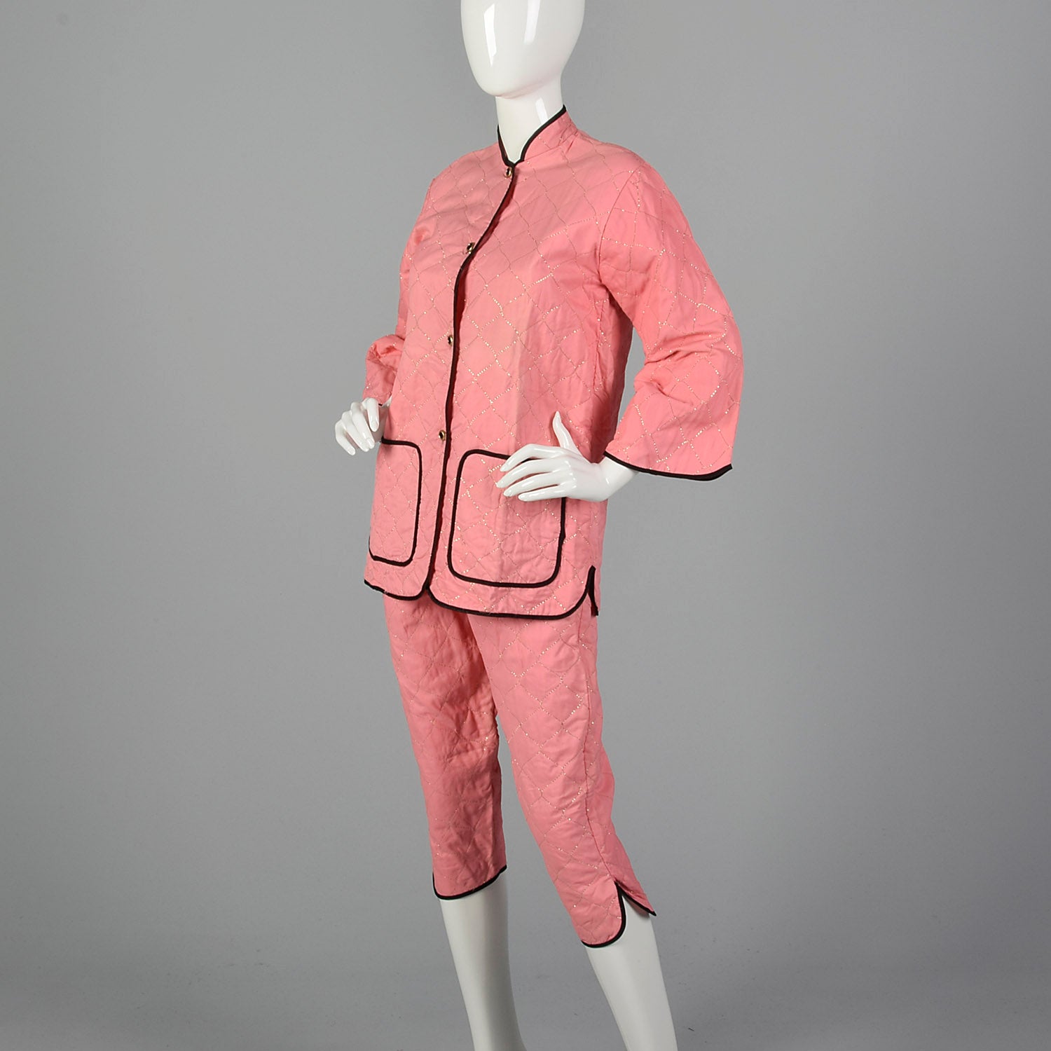 1950s Pink Quilted Pajama Set with Gold Topstitching