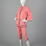 1950s Pink Quilted Pajama Set with Gold Topstitching