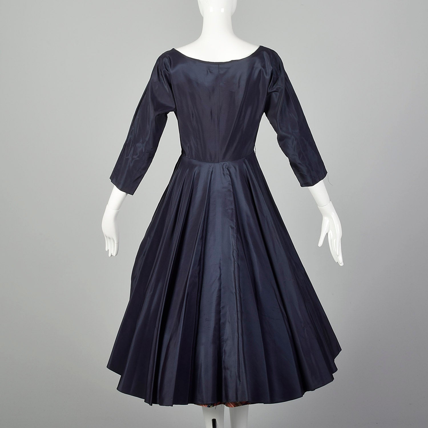 XS 1950s Navy Blue Taffeta Dress with Tartan Underskirt