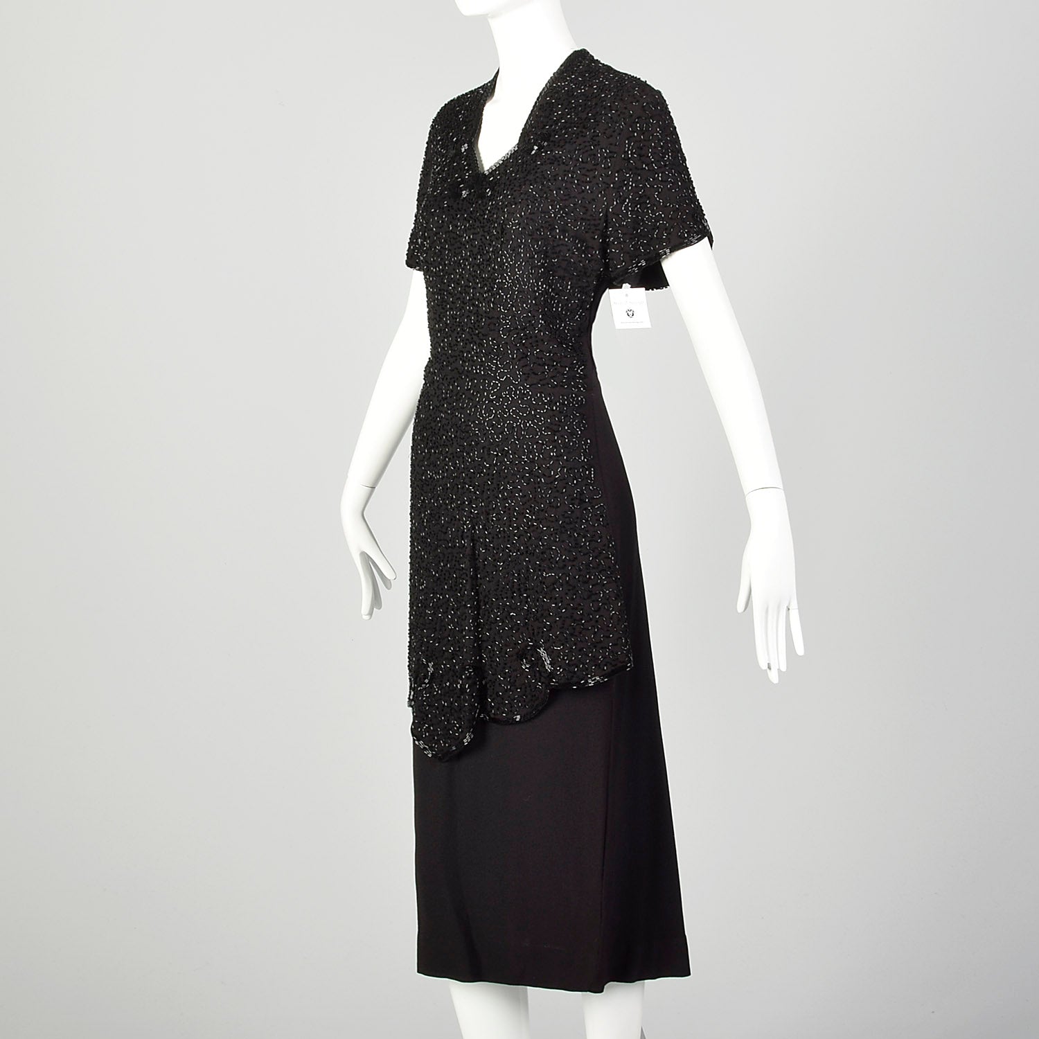 Medium 1940s Little Black Dress Beaded Art Deco Rayon Short Sleeve Peplum
