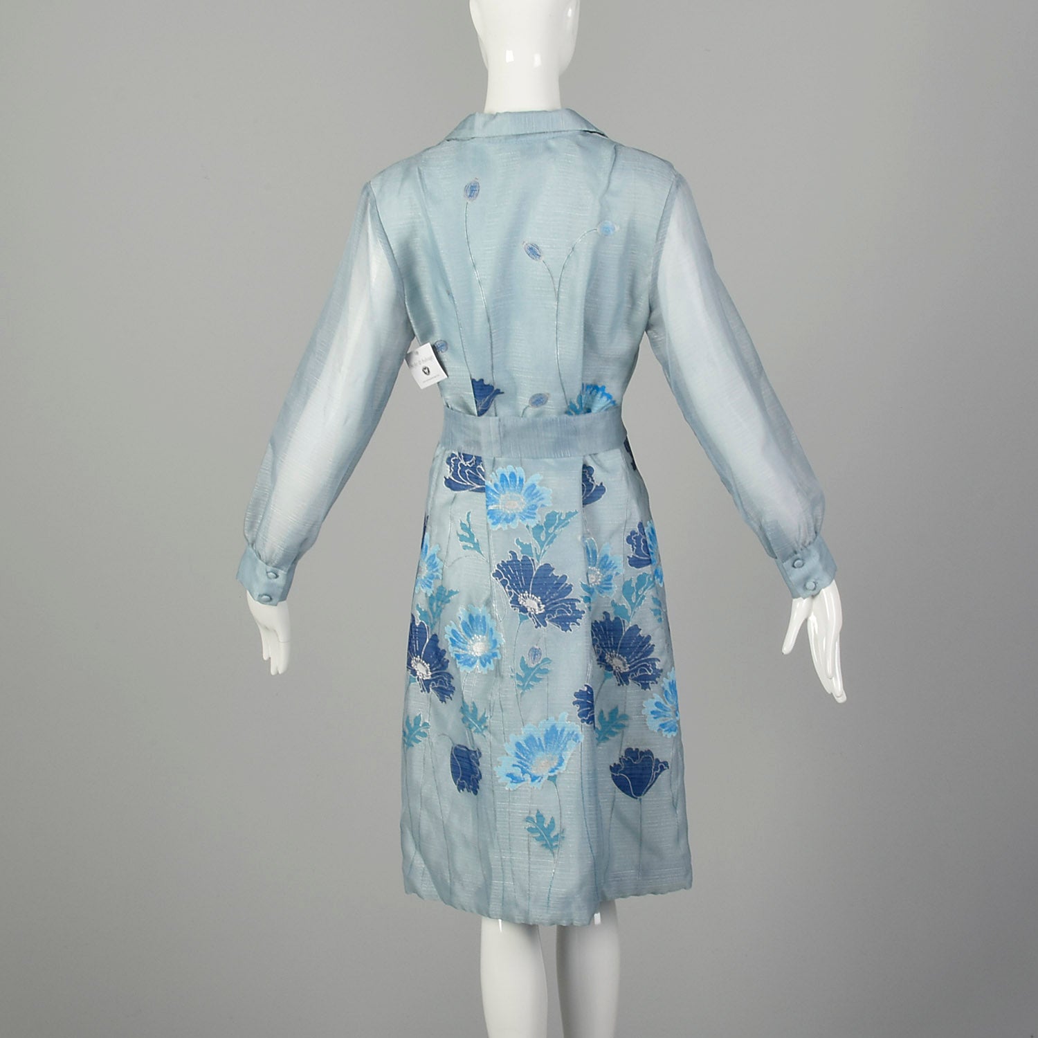 Large 1970s Dress Blue Lightweight Flower Long Sleeve Tassel Belted
