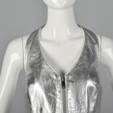 1980s Silver Leather Vest with Zip Front
