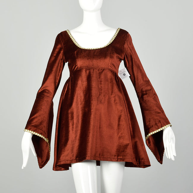 1960s Micro Mini Babydoll Tapestry Dress Boho Angel Sleeve