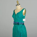 XS 1960s Blue Green Brocade Cocktail Dress Sleeveless Jewel Tone V-Neck Party Dress