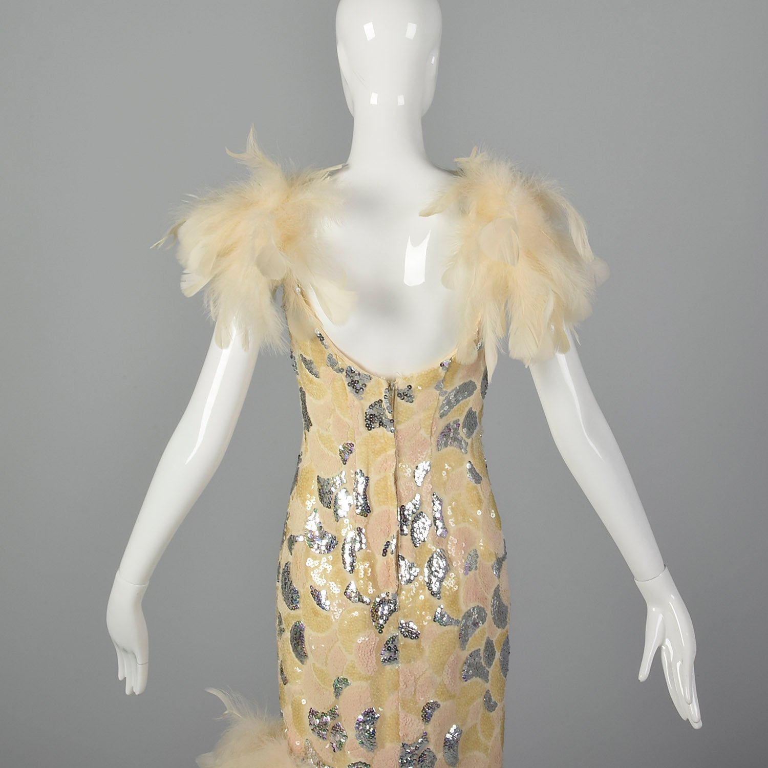 XS 1980s Sequin Formal Gown with Feather Trim