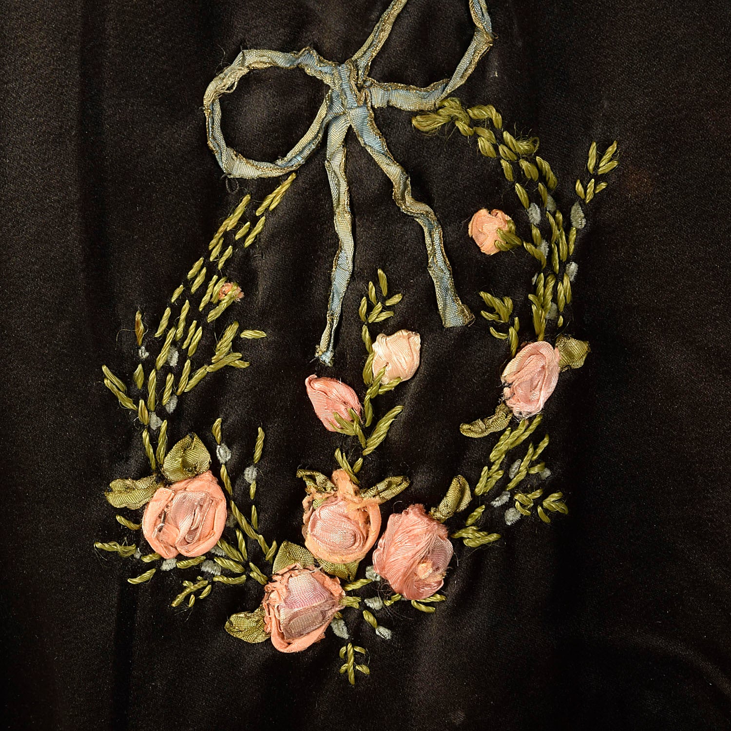1920s Black Silk Dressing Gown Floral Wreath Appliqués